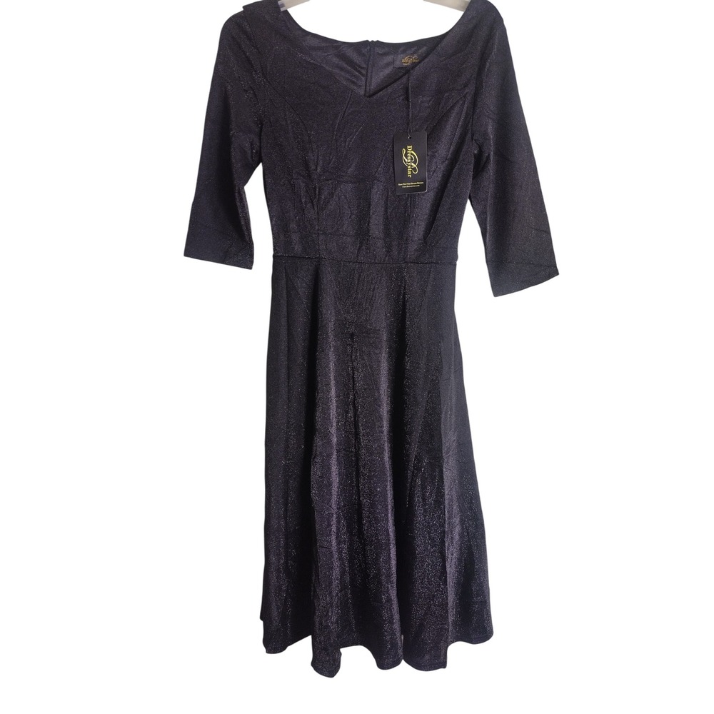DressyStar Womens Black Metallic Glitter V-Neck 3/4 Sleeve Fit & Flare Dress S